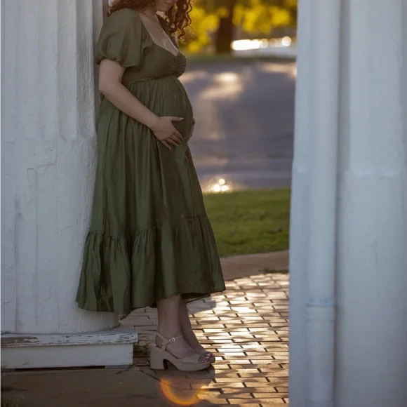 chinese dress ladies Green Side Slit Satin Maternity Maxi Dress – PinkBlush main image 1
